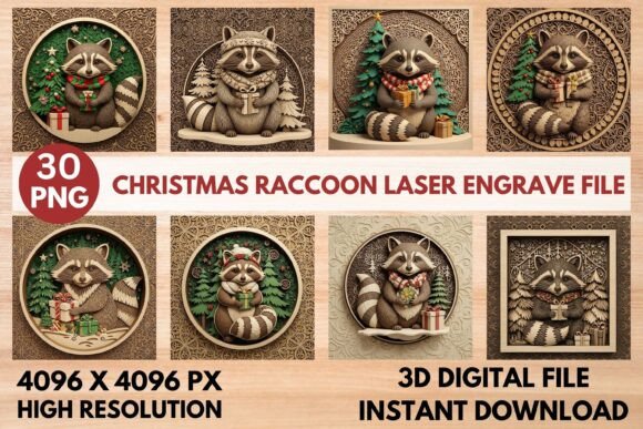 3D Christmas Raccoon Laser Engrave File